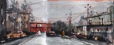 Kasaba 'da kasvetli bir gün suluboya çizimi