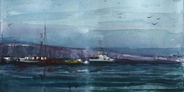 Boats in sea hand drawn watercolor illustration
