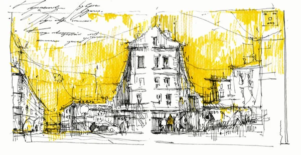 Cidade velha rua central desenhado à mão ilustrações aquarela — Fotografia de Stock