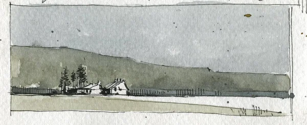 Eenzame huizen in vallei met de hand getekend aquarel illustratie — Stockfoto