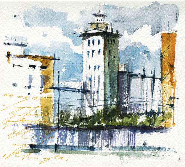 Witte toren landschap met de hand getekend aquarel illustratie — Stockfoto