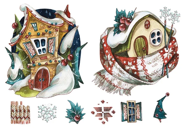 Artículos de cuento de Navidad dibujado a mano acuarela ilustraciones conjunto —  Fotos de Stock
