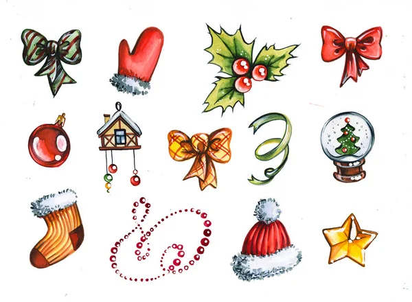 Christmas holiday attributes hand drawn watercolor illustrations set — Stock Photo, Image