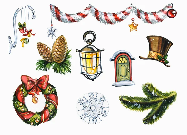 Decoraciones navideñas de Navidad dibujado a mano acuarela ilustraciones conjunto — Foto de Stock