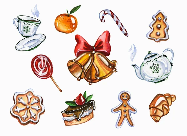 Christmas holiday sweets hand drawn watercolor illustrations set