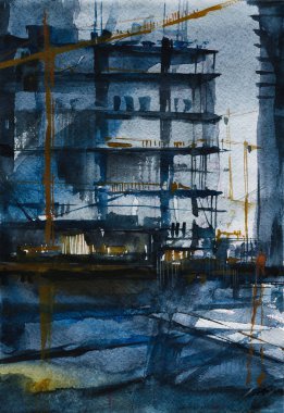 Yapı altındaki bina suluboya resimleme ile çizildi