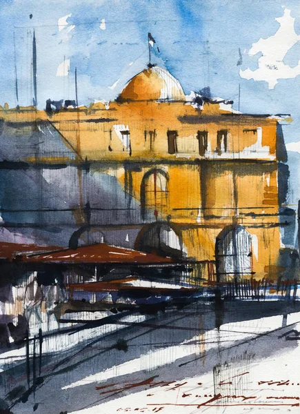 Arquitectura del casco antiguo dibujado a mano acuarela raster ilustración — Foto de Stock