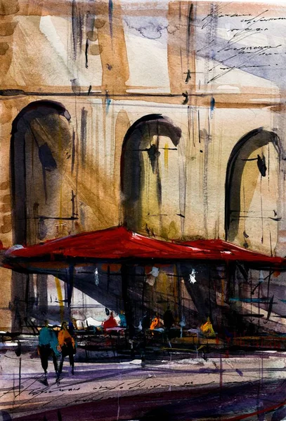 Cidade velha café aquarela mão desenhada raster ilustração — Fotografia de Stock