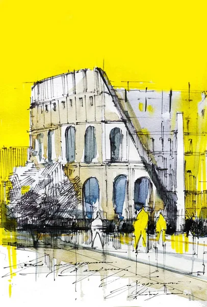 Edificio Colosseo disegnato a mano acquerello raster illustrazione — Foto Stock