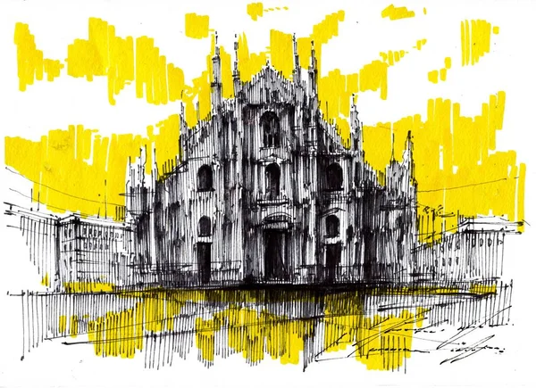 Milano Duomo kathedraal met de hand getekend inkt illustratie — Stockfoto
