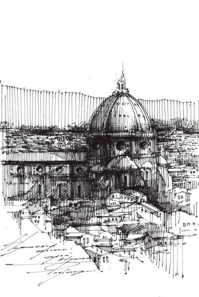 Florence Cathedral gebouw met de hand getekend inkt illustratie — Stockfoto