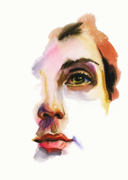 Akvarell Absztrakt női arc illusztráció. Kortárs festészet nő arc fehér háttér — Stock Fotó