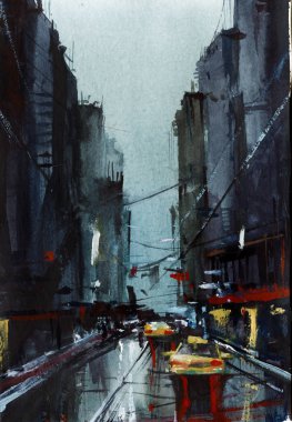 US city architecture watercolor hand drawn illustration