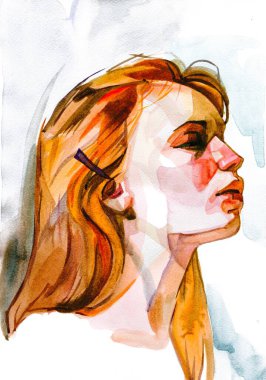 Modern Young red headed woman portrait hand drawn watercolor illustration