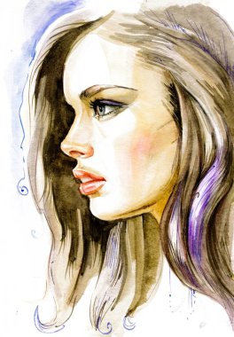 Modern Young blonde woman portrait hand drawn watercolor illustration