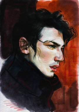 Fashion Watercolor illustration of modern Beautiful Brunette Man