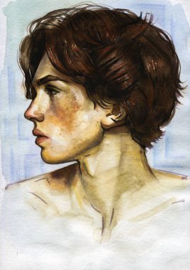 Fashion Watercolor illustration of modern Beautiful Brunette Man