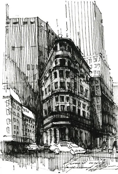 US urban architecture black ink hand drawn illustration