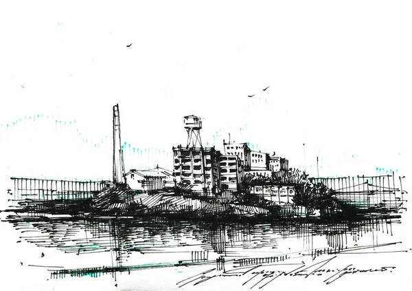 Alcatraz island black ink hand drawn illustration — Stok fotoğraf