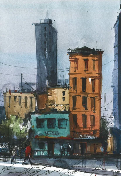 Urban architecture watercolor hand drawn illustration — Stok fotoğraf