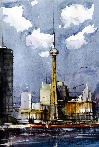 Torre CN en Toronto acuarela ilustración dibujada a mano — Foto de Stock