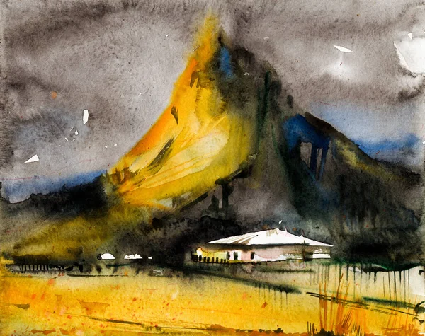 Mountain cottage landschap met de hand getekend aquarel illustratie — Stockfoto