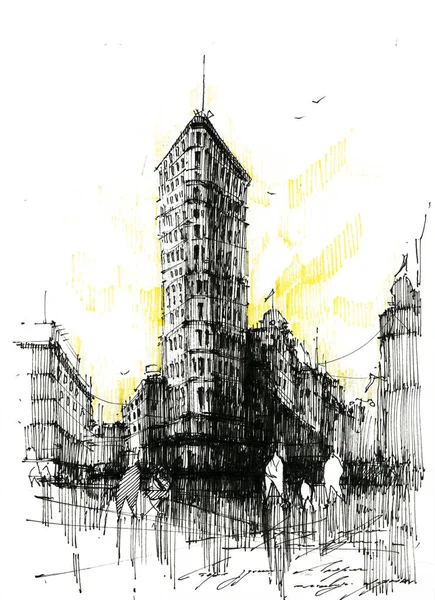 New York flatiron building black ink hand drawn illustration — Stok fotoğraf