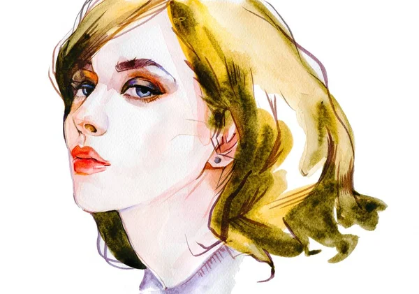 Modern Young blonde woman portrait hand drawn watercolor illustration — Stockfoto