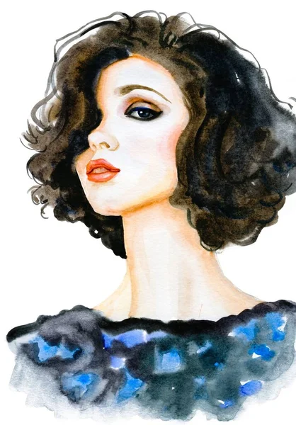 Modern Young female brunette portrait hand drawn watercolor illustration — Stockfoto