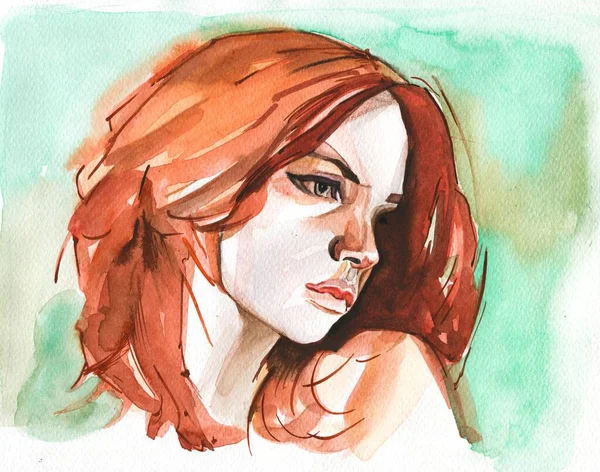 Modern Young red headed woman portrait hand drawn watercolor illustration — Stockfoto