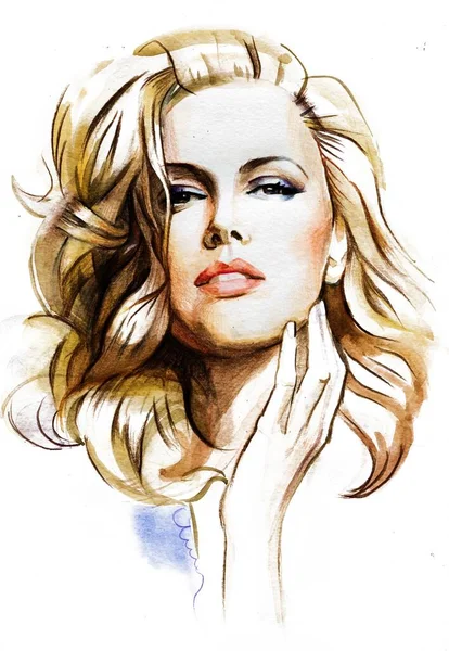 Modern Young blonde woman portrait hand drawn watercolor illustration — Stok fotoğraf