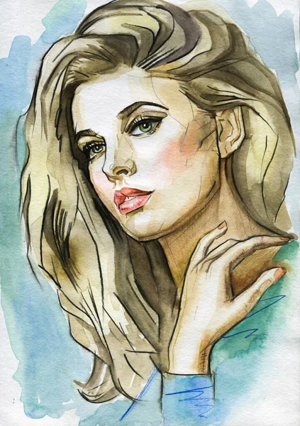 Modern Young blonde woman portrait hand drawn watercolor illustration — Stockfoto
