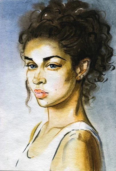 Nowoczesny młody kobieta brunetka portret ręcznie rysowane akwarela ilustracja — Zdjęcie stockowe