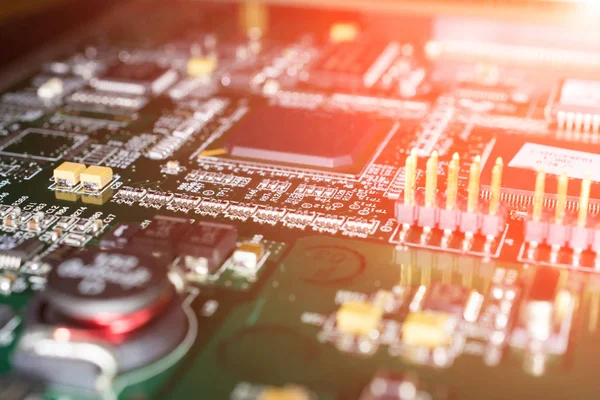 Printed Circuit board from a computer in black with green lines — Stock Photo, Image