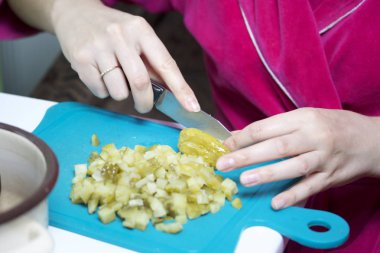 Sebze salatası. Rus tarifleri. Malzemeler pişirme: kadın keser sebze gemide salatalık turşusu.