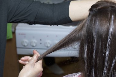 Bireysel bir girişimci evde hizmetleri sağlar. Kuaför Saç bir kadının boyar. Tarama ve dağıtım iplikçiklerinin.