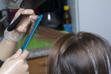 Bireysel bir girişimci evde hizmetleri sağlar. Kuaför Saç bir kadının boyar. Tarama ve dağıtım iplikçiklerinin.