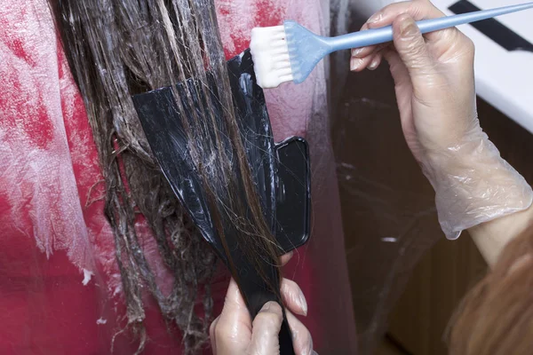 个体企业家提供服务在家里。美发师绘制一个女人的头发。在子线刷漆. — 图库照片