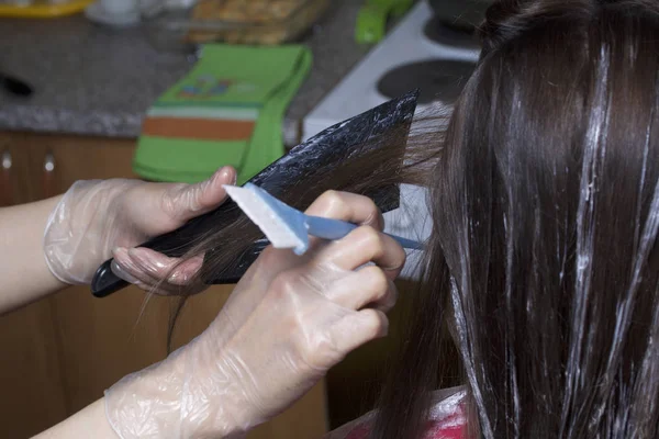 Enskild företagare tillhandahåller tjänster hemma. Frisören målar håret av en kvinna. Pensel färg på delarna. — Stockfoto