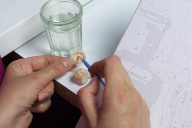Sanat. Sayılarla çizim. Bir kadın bir tuval pamuk boyar. Fırça boya içine daldırma. Fırçalar, boyalar ve su bir bardak sayılı kullanır.