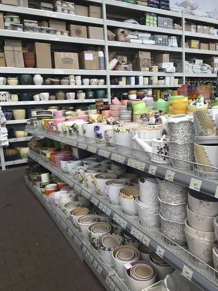 Çiçekçi dükkanı. Parlak çiçek ve yeşil bitkiler raflar ve depodaki tepsiler içinde paketlenmiş tencere stand.