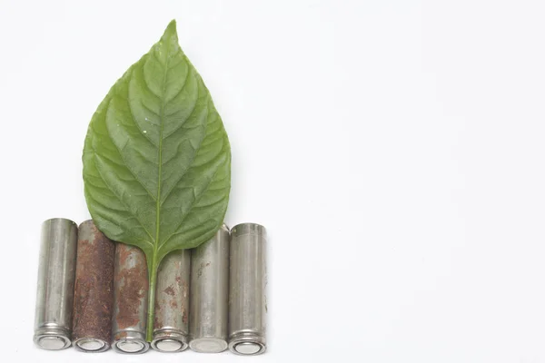 Waste batteries of different types are scattered. Covered with a green juicy leaf. On a white background. View from above. Disposal of environmentally hazardous waste. Protection of the environment.