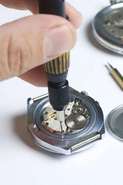 El taller de relojería. Reparación de relojes viejos. El mecanismo del reloj, el destornillador, que el maestro hace reparaciones, es visible. Sobre un fondo blanco . — Foto de Stock