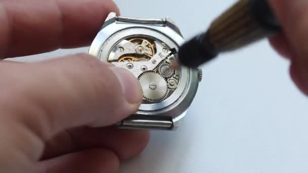 La relojería es un maestro en el trabajo. Desmonta el reloj con un destornillador. El taller de relojería. Reparación de relojes viejos. El mecanismo del reloj, el destornillador, que el maestro hace reparaciones, es visible — Vídeo de stock