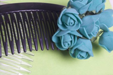 Saç Bakımı. Aksesuar ve süslemeler. İki tarak saç için şeffaf ve siyah renkte. Zümrüt birbirinin içine girme veya dekorasyon için yapay gül çiçektir. Açık yeşil arka planı üzerinde.