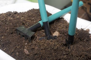 Çiçekçilik minyatür araçlar. Küçük kürek, çatal ve saksı Earth'te yetiştirilmesi Tırmıklar.