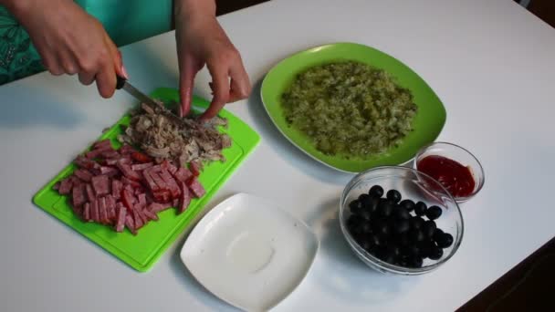 Woman Cuts Meat Pieces Soup Saltwort Ingredients Cooking Table — Stock Video