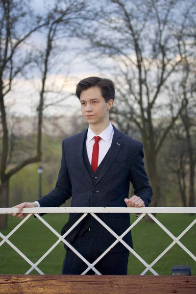 Un jeune homme, un adolescent, en costume classique. Il vaut la peine, mettre la main sur la clôture dans le parc de printemps . — Photo