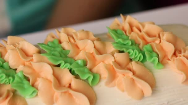 Bir kadın kremalı bisküvi rulosunu kremayla süslüyor. Kek poşeti kullanıyor. Farklı renkte krema — Stok video