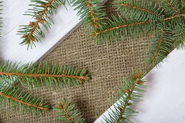 Branches de sapin et deux planches peintes en blanc sur un fond de tissu de lin . — Photo